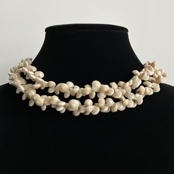 Beige-tonal Continuous Tiny Sea Shell Beaded Pearlescent Necklace 16” - Picture 7 of 9